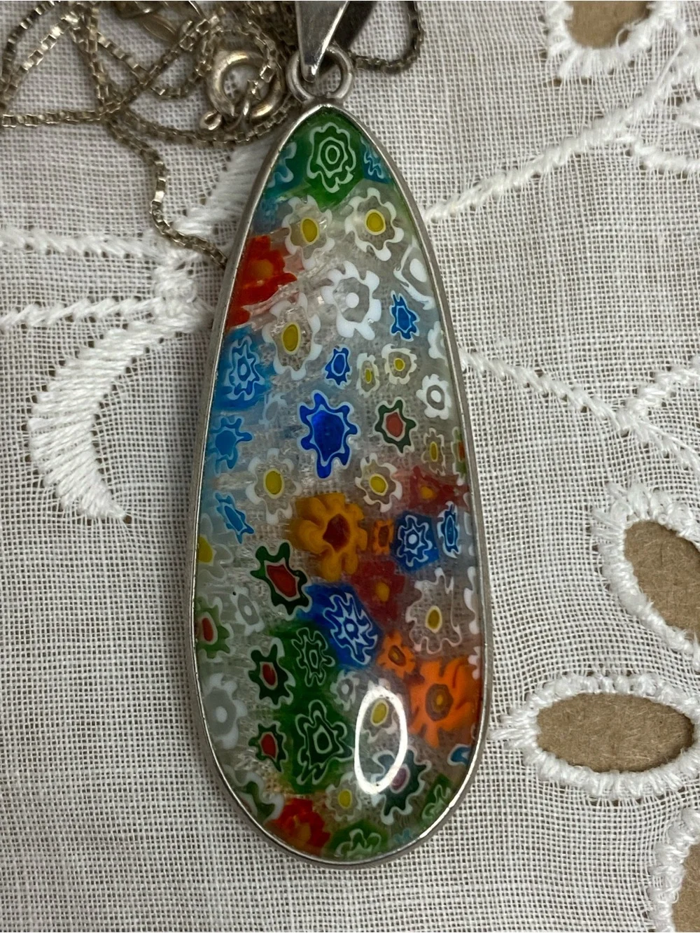 Millefiori Made In Italy Floral Glass Teardrop Pendant Sterling Silver Box Chain